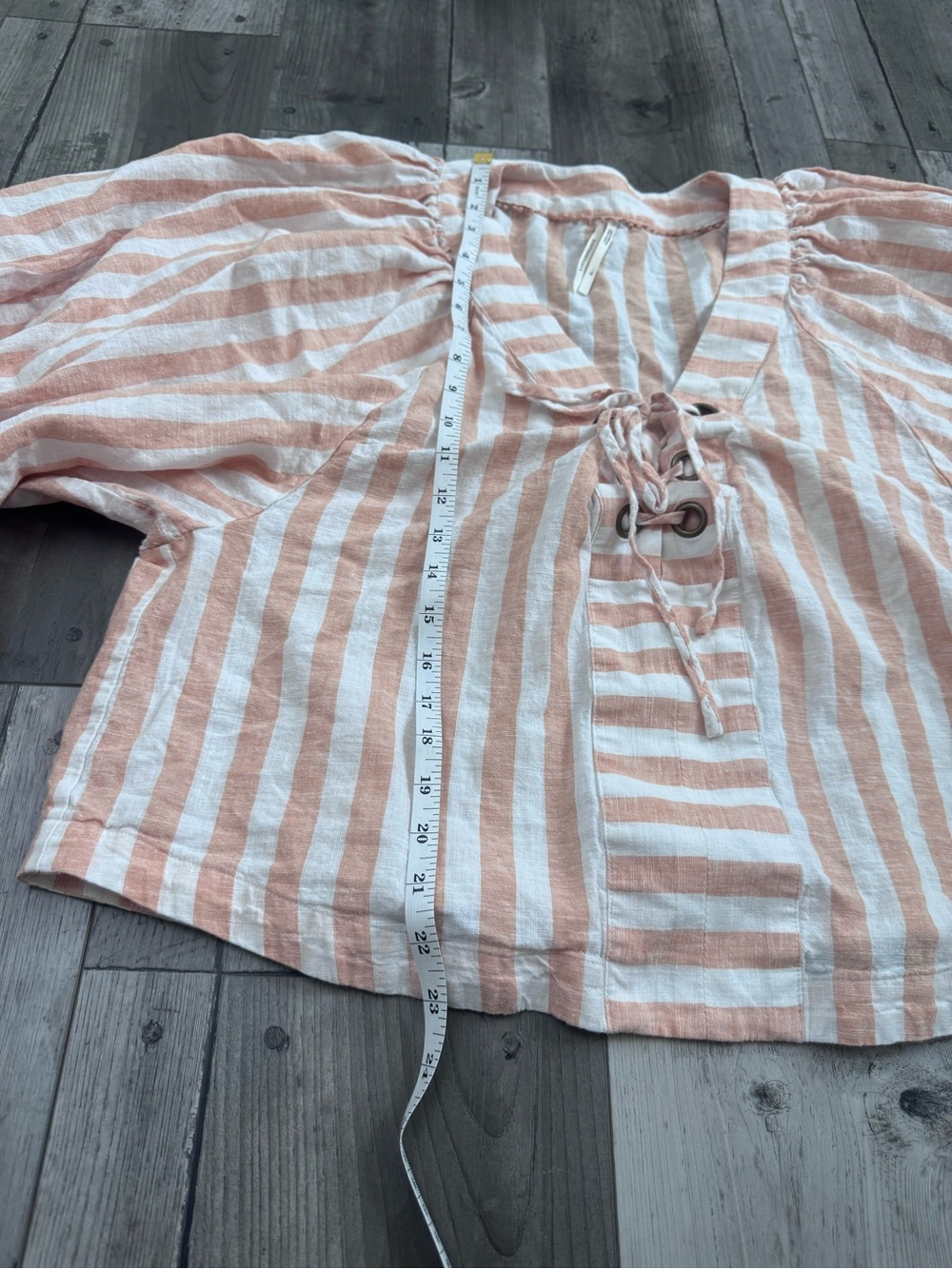 Anthropologie Linen Dolman Striped Lace-Up Peasant Blouse Light Blush & Cream - Picture 7 of 7